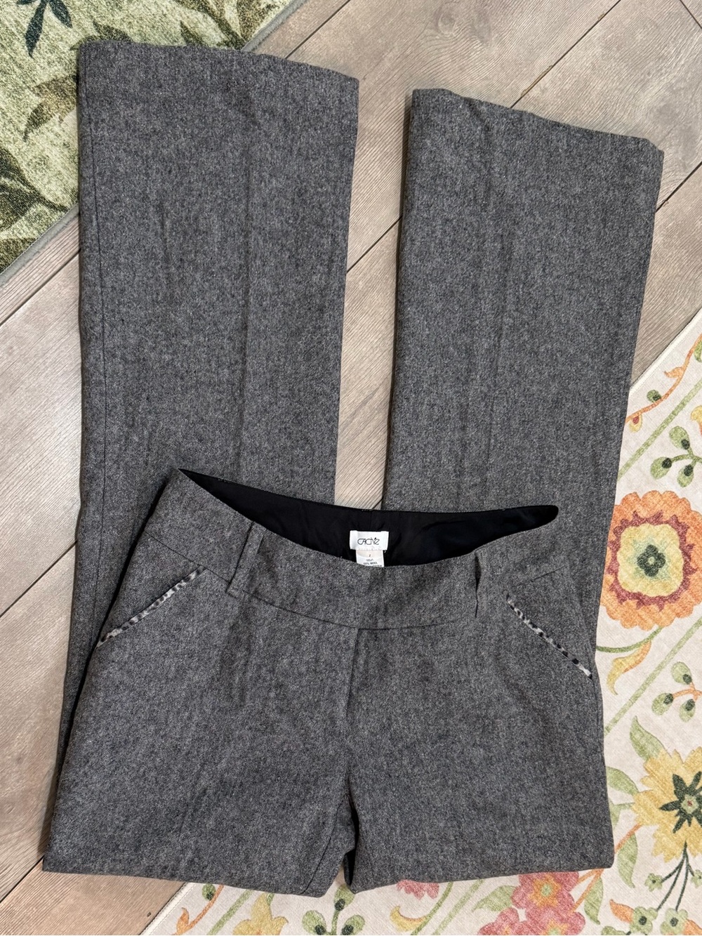 Vintage Y2K Cache Gray Wool Blend Leopard Trim Flare Leg Dress Pants Women’s 2